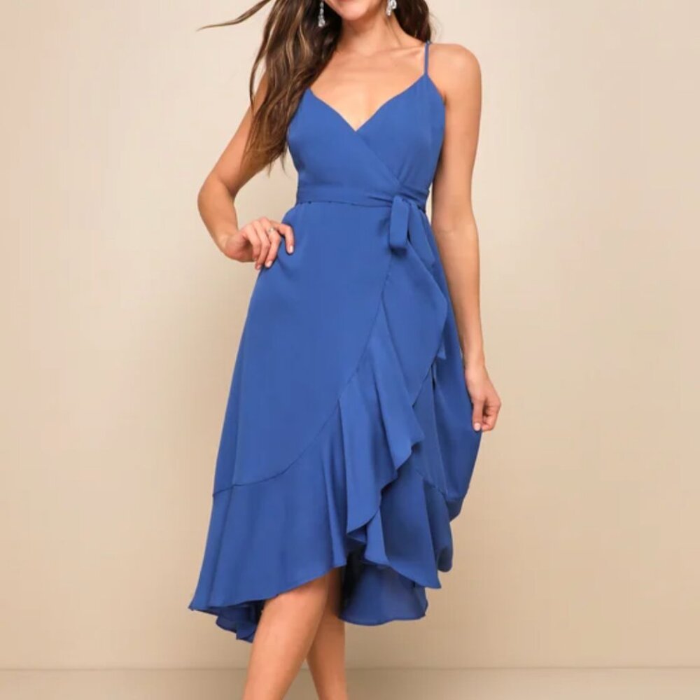 NWT Lulus Manhattan Moment Blue Ruffled Midi Wrap Dress size small